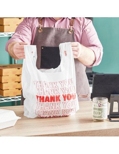 1/6 Standard Size White "Thank You" Standard-Duty Plastic T-Shirt Bag - 700/Case