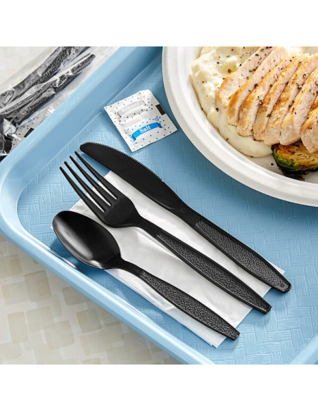 Black Heavy Weight Wrapped Plastic Cutlery Pack with Napkin and Salt and Pepper Packets - 250/Case