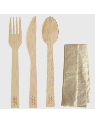 6.7" Bamboo Utensil Sets Individually Wrapped W/Napkin | 250 Count