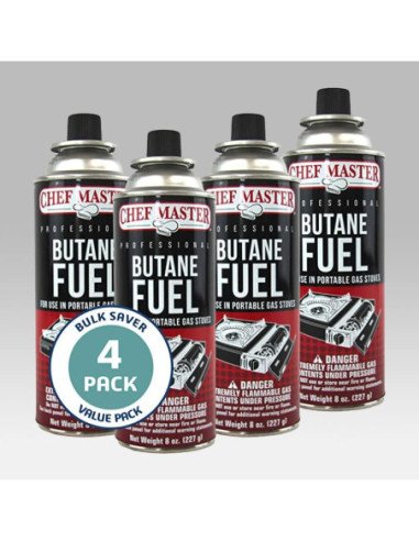 Chef Master 90340 - Pack of 4 Butane Fuel Cylinders- 8oz Butane Canisters for Portable Stove