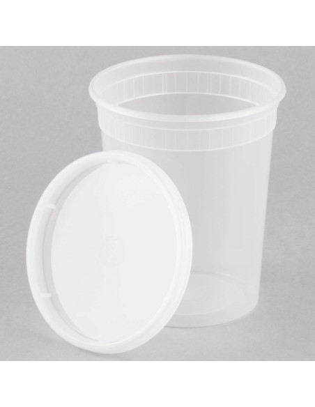 Heavy Duty 32 oz Microwavable Translucent Plastic Deli Container and Lid Combo Pack - 240/Case